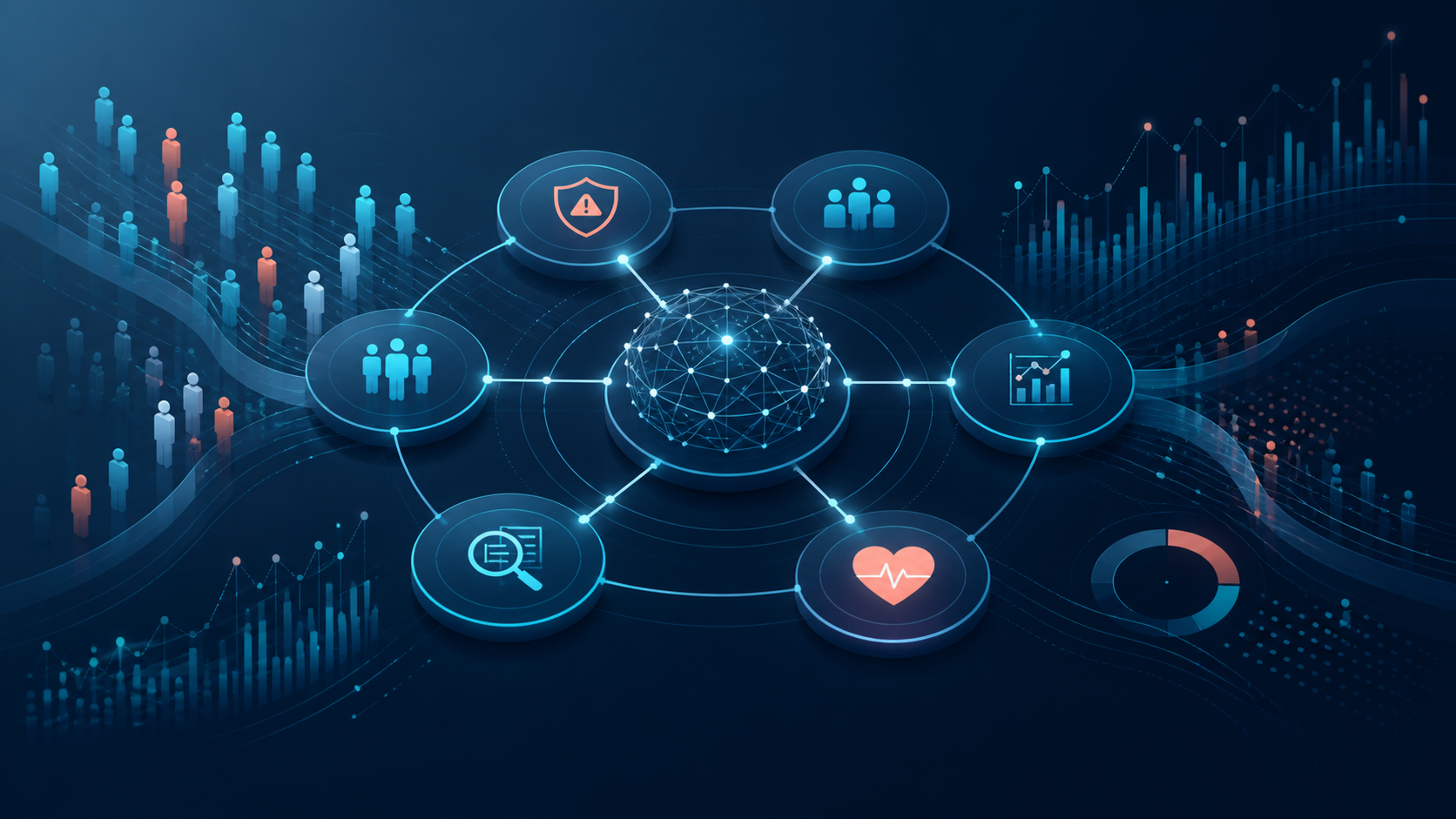 Абстрактная схема медицинской AI-платформы с графом знаний, профилактикой и аналитикой